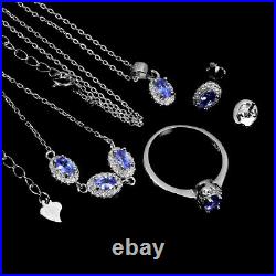 Unheated Oval Blue Tanzanite 5x3mm Cz White Gold Plate 925 Sterling Silver Sets