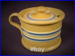 VERY RARE 1800s ANTIQUE BLUE & WHITE BAND MUSTARD POT YELLOW WARE MINT