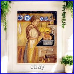 VTG Unframed Painting Mother & Baby In The Kitchen Blue White Plates 1980 9X12