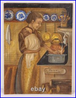 VTG Unframed Painting Mother & Baby In The Kitchen Blue White Plates 1980 9X12