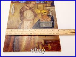 VTG Unframed Painting Mother & Baby In The Kitchen Blue White Plates 1980 9X12