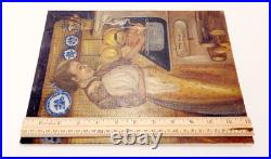 VTG Unframed Painting Mother & Baby In The Kitchen Blue White Plates 1980 9X12