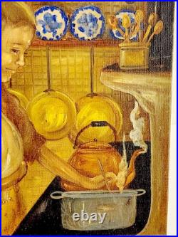 VTG Unframed Painting Mother & Baby In The Kitchen Blue White Plates 1980 9X12