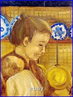 VTG Unframed Painting Mother & Baby In The Kitchen Blue White Plates 1980 9X12