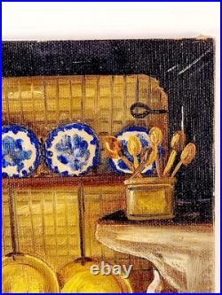VTG Unframed Painting Mother & Baby In The Kitchen Blue White Plates 1980 9X12
