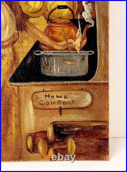 VTG Unframed Painting Mother & Baby In The Kitchen Blue White Plates 1980 9X12