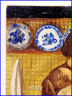VTG Unframed Painting Mother & Baby In The Kitchen Blue White Plates 1980 9X12