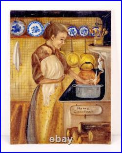 VTG Unframed Painting Mother & Baby In The Kitchen Blue White Plates 1980 9X12