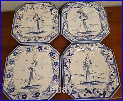 Vietri Italian Pottery Set of 4 Wall Octagonal Hand-Painted Blue White Plates