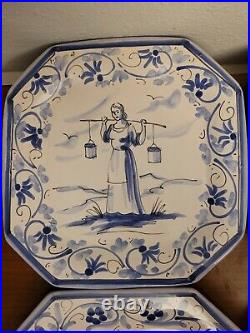 Vietri Italian Pottery Set of 4 Wall Octagonal Hand-Painted Blue White Plates