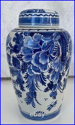 Vintage 1955 Bz Royal Delft Vase & LID White Blue Flowers Hand Painted