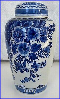 Vintage 1955 Bz Royal Delft Vase & LID White Blue Flowers Hand Painted