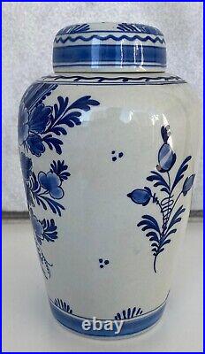 Vintage 1955 Bz Royal Delft Vase & LID White Blue Flowers Hand Painted