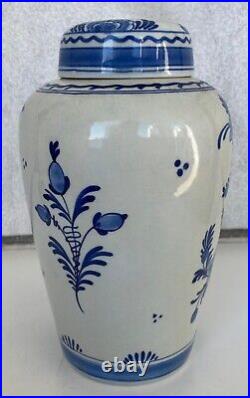 Vintage 1955 Bz Royal Delft Vase & LID White Blue Flowers Hand Painted
