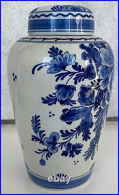 Vintage 1955 Bz Royal Delft Vase & LID White Blue Flowers Hand Painted