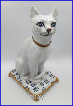 Vintage 1960s Italian Art Pottery Majolica White Cat Blue eyes Sitting on Pillow