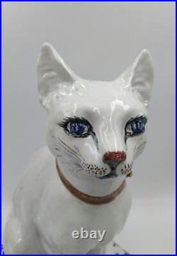 Vintage 1960s Italian Art Pottery Majolica White Cat Blue eyes Sitting on Pillow