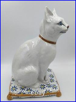 Vintage 1960s Italian Art Pottery Majolica White Cat Blue eyes Sitting on Pillow