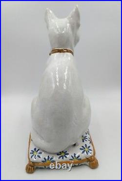 Vintage 1960s Italian Art Pottery Majolica White Cat Blue eyes Sitting on Pillow