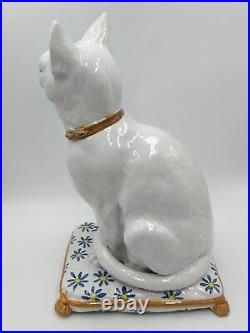 Vintage 1960s Italian Art Pottery Majolica White Cat Blue eyes Sitting on Pillow