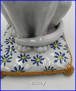 Vintage 1960s Italian Art Pottery Majolica White Cat Blue eyes Sitting on Pillow