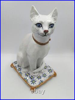 Vintage 1960s Italian Art Pottery Majolica White Cat Blue eyes Sitting on Pillow