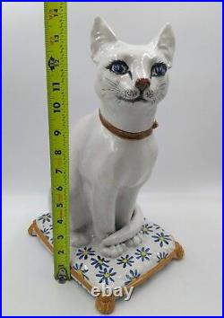 Vintage 1960s Italian Art Pottery Majolica White Cat Blue eyes Sitting on Pillow