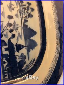 Vintage Antique Blue White Canton Chinese China Late 19th Century Platter