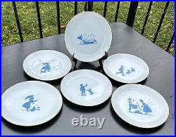 Vintage Blue & White Silhouette Children Playing France Porcelain 8.25 Plates