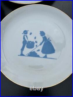 Vintage Blue & White Silhouette Children Playing France Porcelain 8.25 Plates