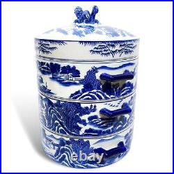 Vintage Blue Willow Bombay Porcelain Tiffin Box Chinese Dragon Stacking Dish
