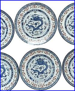 Vintage Chinese Blue & White 5 Toe Dragon Rice Grain Pattern Plates Signed X6