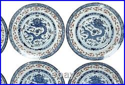 Vintage Chinese Blue & White 5 Toe Dragon Rice Grain Pattern Plates Signed X6
