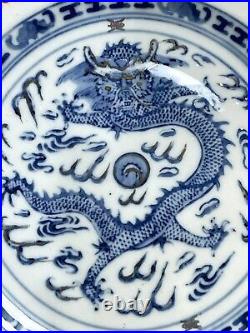 Vintage Chinese Blue & White 5 Toe Dragon Rice Grain Pattern Plates Signed X6