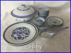 Vintage Chinese Blue & White Porcelain Dinner Bowl & Plate Set For 5(24pieces)