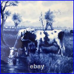 Vintage Delft Porceleyne Fles Blue White Grazing Cow Charger Plate After Vrolijk