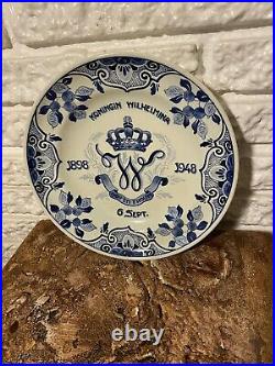 Vintage Dutch Blue & White Royal Delft Commemorative Plate. Queen Wilhelmina