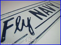 Vintage Fly Navy Vanity License Plate metal embossed white blue topper sign