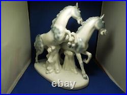 Vintage Gerold Porzellan Bavaria Two Horses White & Blue Porcelain Sculpture