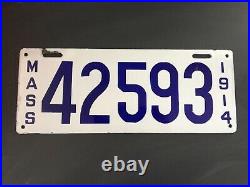 Vintage Porcelain License Plate White & Blue 1914. RARE from MASS VG+ Auto Tag