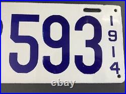 Vintage Porcelain License Plate White & Blue 1914. RARE from MASS VG+ Auto Tag