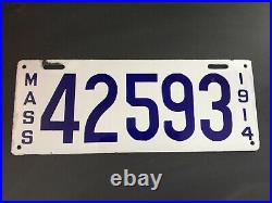 Vintage Porcelain License Plate White & Blue 1914. RARE from MASS VG+ Auto Tag