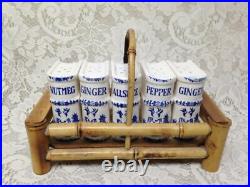 Vintage, Rare, Japan, 6-pc Blue Willow Shaker Set with Bamboo Stand