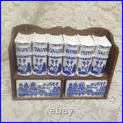 Vintage, Rare, Japan, 9-pc Blue Willow Shaker Set with Wooden Rack