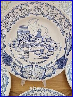 Vintage Retro John Buck Staffs Blue & White transferware Fish & Chip Plate x 4