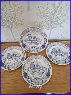 Vintage Retro John Buck Staffs Blue & White transferware Fish & Chip Plate x 4