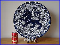 Vintage Spain Spanish Blue and White Lion Hand Painted Faience Majolica Plate
