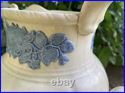 Vintage Wedgwood Embossed Blue On White Large Pitcher Marked Wood