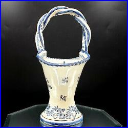 Vintage White Blue Floral Pottery Basket Handle Lisbon Portugal Vase Planter 8