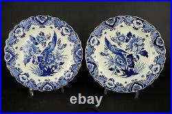 Vintage pair blue and white handpainted Dutch Delft wall plates birds 25cm /10in